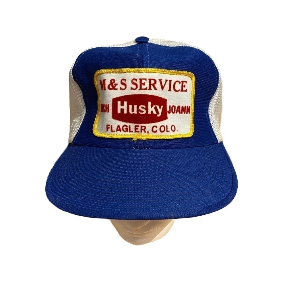 Vintage M&S Service Husky Patch Mesh Trucker Hat Snap Back Rich Joann Flagler